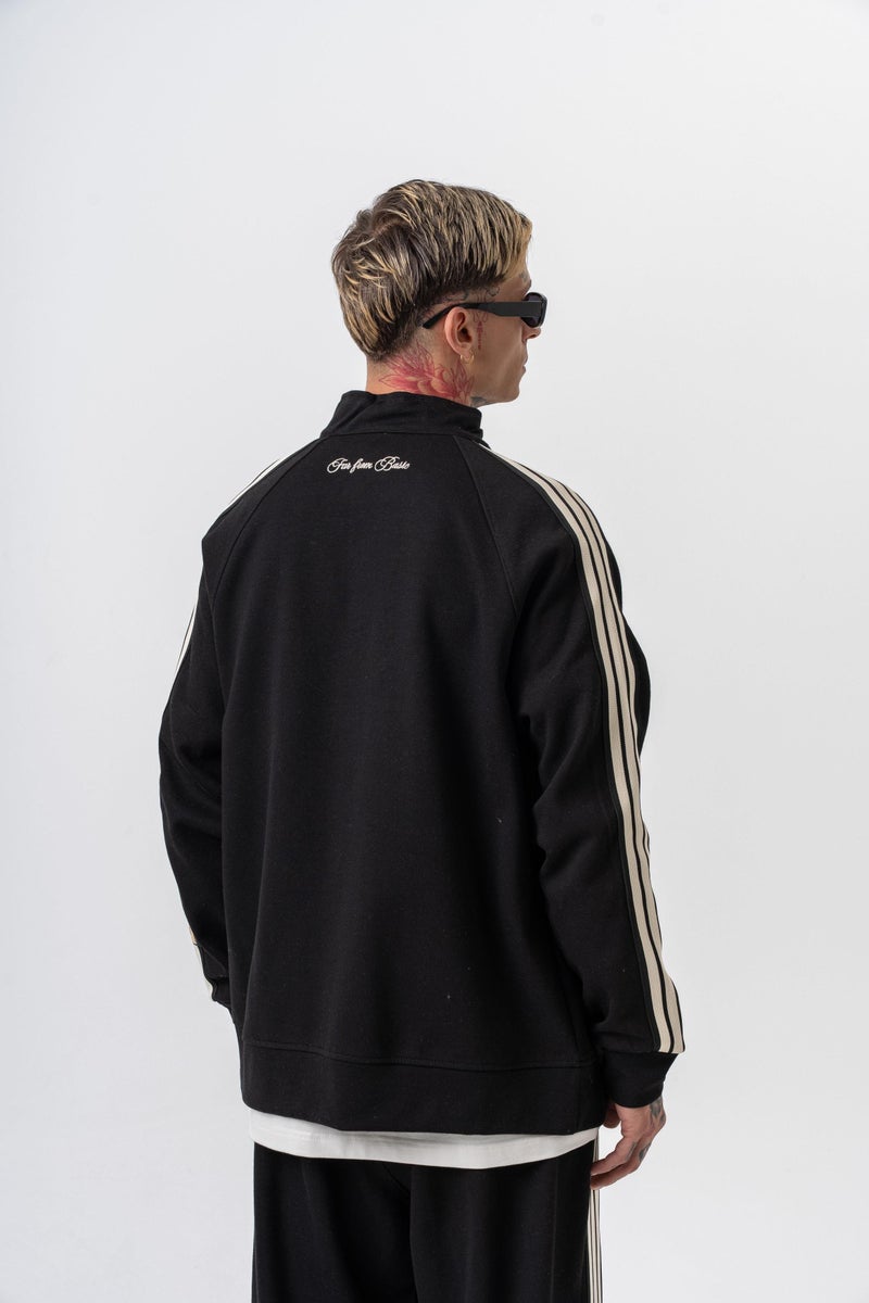 ريسباير سويت شيرت رجالي واسع (Oversize) بسحاب (Zip) بوجهين (Doubleface) بياقة قائمة وتفاصيل 3 شرائط لون أسود - Image 3